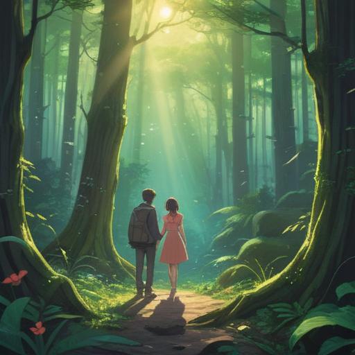 A serene and hopeful scene depicting a couple looking at a glowing, ethereal light in a tranquil forest, soft rays of sunlight filtering through the trees, expressions of joy and wonder on their faces, symbolic elements like butterflies or blooming flowers representing hope and new beginnings, a magical atmosphere, vibrant colors, 4k