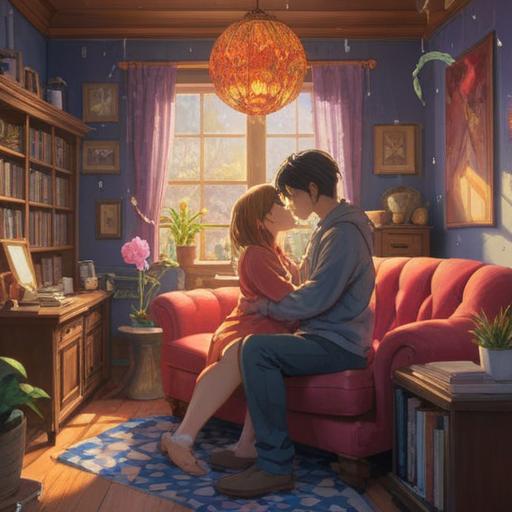 A heartwarming scene of a couple embracing each other in a cozy living room, surrounded by shimmering crystals, soft sunlight filtering through the window, symbols of hope and luck, delicate floral decorations, serene expressions on their faces, conveying love and aspirations, inviting atmosphere, gentle tones, 4k