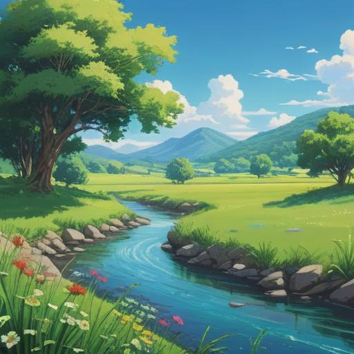 A serene illustration depicting a peaceful landscape, lush green fields under a clear blue sky, a gentle stream flowing peacefully, symbolic representations of growth and freedom, a tranquil path leading to a bright horizon, ethereal light illuminating the scene, harmonious nature, soft and calming atmosphere, representing spiritual signs of tranquility and fulfillment, 4k