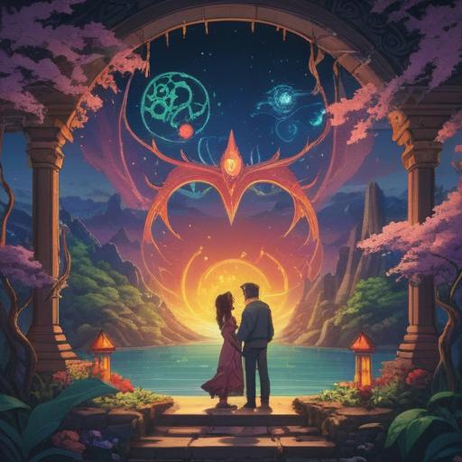 A spiritual item designed to improve marriage relationships, glowing with calming colors, surrounded by symbols of love and harmony, set against a serene background, evokes a sense of peace and connection, intricate details that represent unity, uplifting atmosphere, 4k