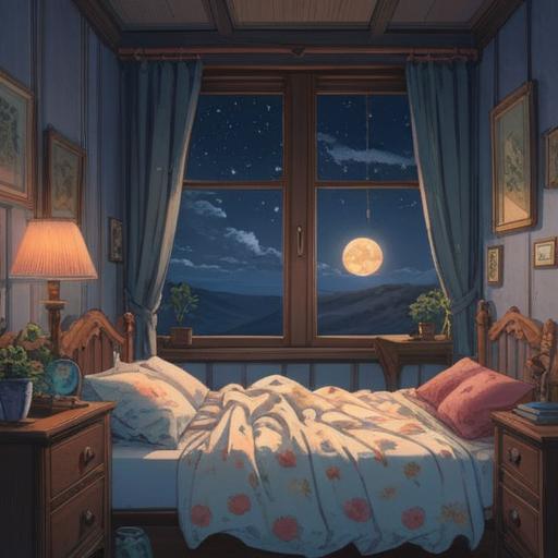 A serene and mystical illustration of a peaceful bedroom at night, soft moonlight filtering through the window, a young child sleeping soundly, a gentle aura surrounding them, symbolism of innocence and dreams, a subtle glow representing spiritual sensitivity, dreamcatchers hanging nearby, calming and ethereal atmosphere, elements of nature softly integrated, 4k