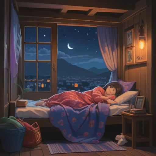 A serene night scene depicting a sleeping child, nestled in cozy blankets, gentle moonlight filtering through the window, a sense of peace and comfort, ethereal glow surrounding the child, symbols of creativity and intuition in the air, symbolic representations of inner growth and spiritual connection, soft and calming atmosphere, dreamlike quality, 4k