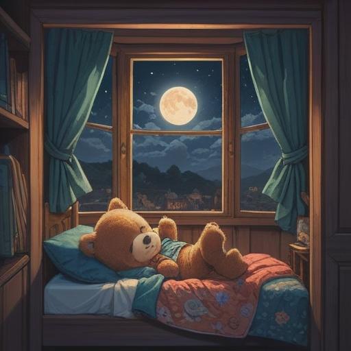 A calming illustration depicting a child peacefully sleeping in a cozy bedroom, moonlight filtering through the window, soft teddy bear nearby, subtle spiritual symbols softly glowing in the background, mementos of childhood dreams and fears, serene and comforting atmosphere, nurturing presence, 4k
