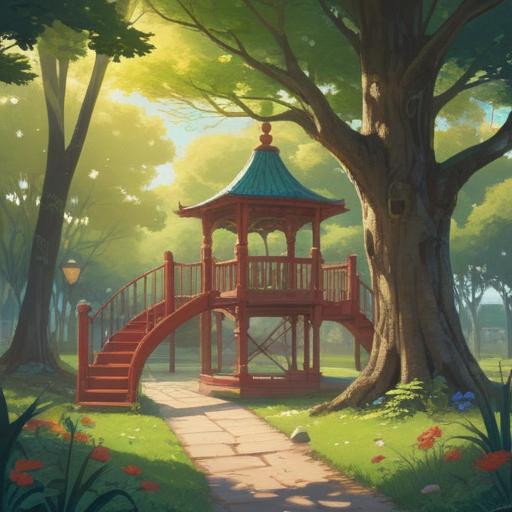 A serene and contemplative illustration, featuring a peaceful landscape with an empty playground, soft sunlight filtering through trees, gentle breeze, symbolic representations of freedom and self-discovery, ethereal atmosphere, subtle hints of spirituality, focus on personal growth and inner peace, 4k