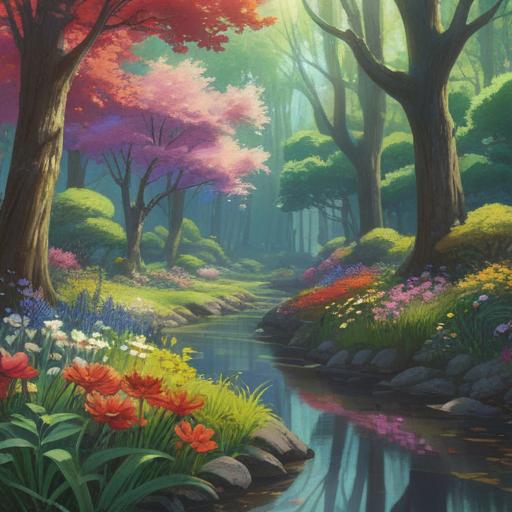 A serene and tranquil landscape, soft light filtering through trees, a peaceful garden with blooming flowers, a gentle stream reflecting sunlight, symbols of growth and spirituality, no children present, hints of serenity and introspection, harmonious atmosphere, nature's beauty, 4k
