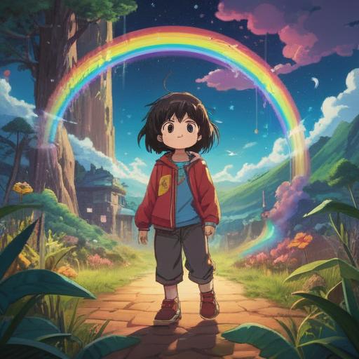 A serene and mystical scene depicting a child with vibrant energy, surrounded by glowing spiritual charms, a rainbow of colors symbolizing emotions, whimsical creatures representing luck, an ethereal atmosphere, soft light filtering through, a peaceful expression on the child's face, 4k