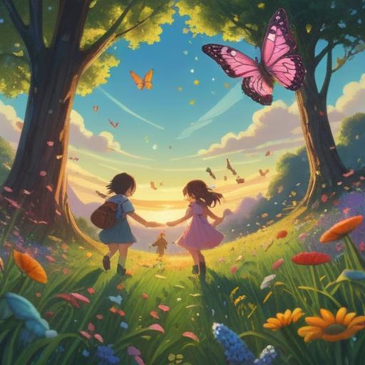 A serene illustration depicting children playing in a sunlit meadow, vibrant energy emanating from them, surrounded by colorful butterflies and shimmering light, symbols of positivity and spiritual growth, joyful expressions, gentle breeze, clear blue sky, harmonious essence, 4k