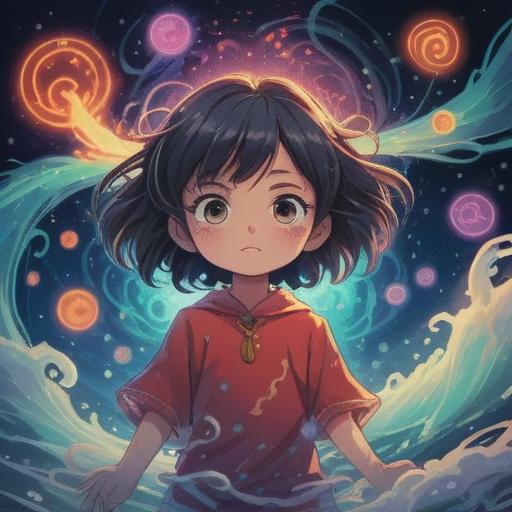 A serene illustration of a child surrounded by ethereal waves of energy, soft glowing aura, intricate patterns of light representing spiritual signs, gentle expressions of curiosity and wonder, nature setting with flowing water and lush greenery, harmonious colors blending together, an atmosphere of tranquility and connection to the spiritual realm, 4k