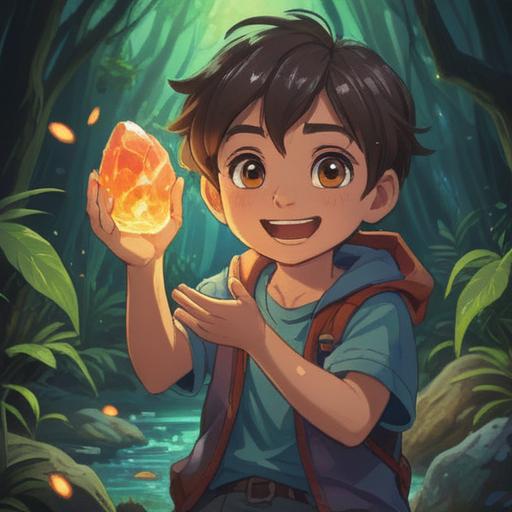 A vibrant illustration of a happy child holding a lucky stone, surrounded by a glowing aura representing positive energy, cheerful expressions, playfulness, colorful playground in the background, magical sparkles emanating from the stone, whimsical atmosphere, detailed textures, 4k