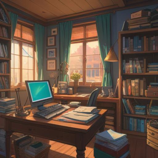A serene workspace scene, organized desk with papers and books stacked neatly, a laptop displaying a to-do list, warm sunlight filtering through a window, calming atmosphere, minimalist design, focus on productivity, clear and concise visual representation of 'summarization', 4k