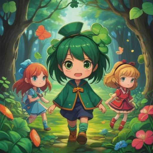 A whimsical illustration of a lucky charm for children, featuring a colorful four-leaf clover, playful cartoon-style characters surrounding it, a bright sunny background with cheerful butterflies and flowers, a sense of magic and joy in the air, emphasizing friendship and positivity, lively and inviting atmosphere, 4k