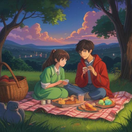 A serene sunset picnic scene, a couple sharing laughter, vibrant colors, lush green park, cozy blanket laid out, soft lighting illuminating their joyful expressions, moments captured in photographs, warm memories being created, 4k