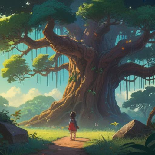 A mystical and thought-provoking scene, a child standing under a giant tree, symbolic of growth and wisdom, ethereal light filtering through leaves, a shadowy figure in the background representing negative energy, vibrant colors contrasting with dark shades, surrounded by butterflies symbolizing transformation, calming yet eerie atmosphere, dreamlike elements, 4k