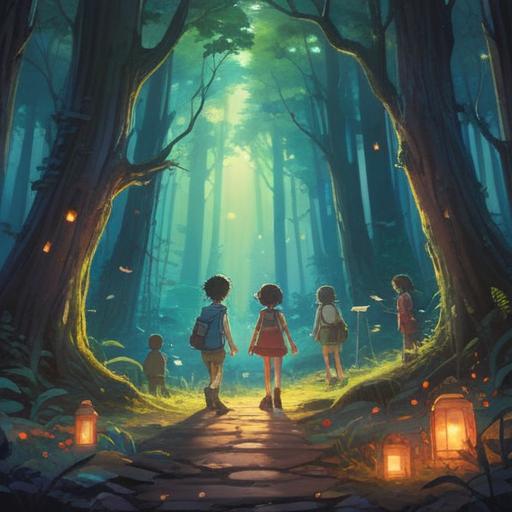 A whimsical illustration depicting children gathering around a glowing, ethereal figure, soft light radiating from the figure, a serene forest setting, magical elements like floating sparkles, curious expressions on children's faces, warm and inviting atmosphere, vibrant colors, enchanting and spiritual vibes, 4k