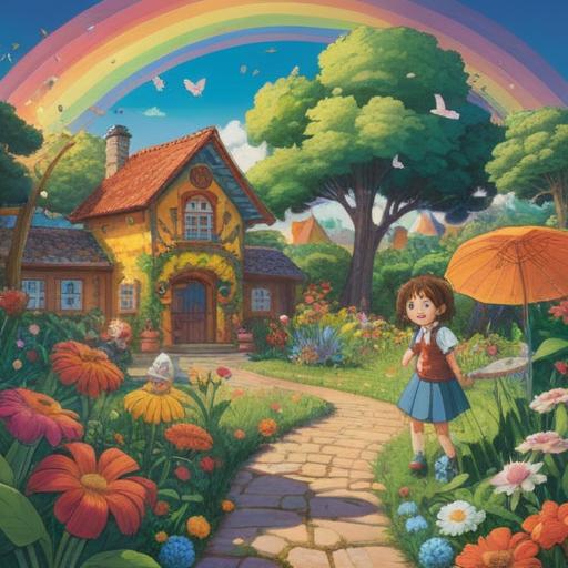 A whimsical illustration of a vibrant, colorful garden filled with playful children, enchanting symbols like rainbows and butterflies surrounding them, joyful expressions on their faces, warm sunlight filtering through lush trees, a sense of wonder and magic in the air, inviting aura that resonates positivity and spiritual connection, 4k