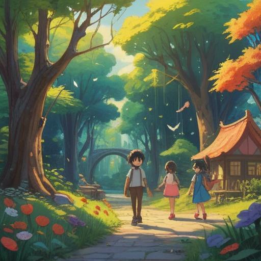 A whimsical scene featuring a magical charm that attracts children, vibrant colors, joyful expressions, playful atmosphere, a sunny park with children gathering around, the charm glowing softly, enchanting details in the background, 4k