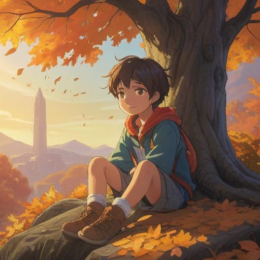 A child with a scraped knee sitting under a tree, ethereal light shining down, a gentle spirit guardian watching over, vibrant autumn leaves falling, a sense of healing and protection, warm and comforting atmosphere, detailed expressions of resilience and innocence, 4k