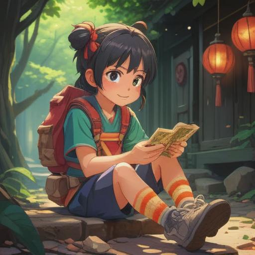 A heartwarming scene of a child with a bandage on their knee, holding a colorful lucky charm in their hand, bright sunlight shining, cheerful expression, surrounded by nature, vibrant flowers and greenery, a sense of hope and resilience, 4k