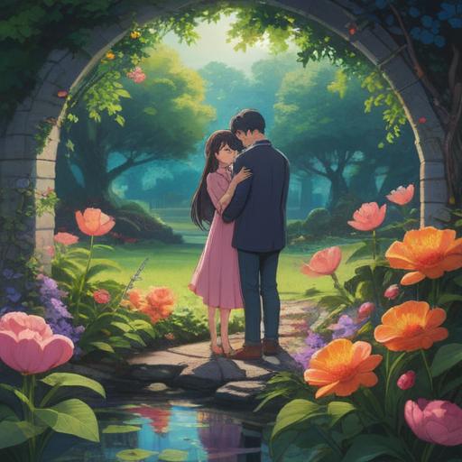 A serene and contemplative scene depicting a couple in a peaceful garden, surrounded by blooming flowers, symbolizing hope and healing, soft sunlight filtering through the trees, gentle expressions, a sense of connection and spiritual growth, ethereal atmosphere, 4k