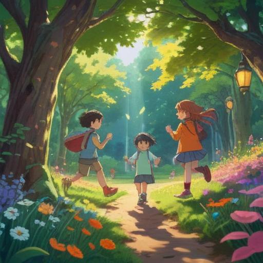 A vibrant scene depicting a group of children playing energetically in a sunlit park, surrounded by colorful flowers and trees, noticing ethereal sparkles in the air, symbolizing spiritual signs, joyful expressions on their faces, dynamic movement, light illuminating the scene, conveying innocence and curiosity, suggesting a connection to spiritual awareness, 4k
