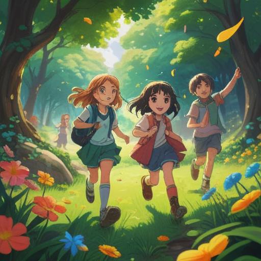 A vibrant scene of children playing energetically in a sunny park, surrounded by colorful lucky items like four-leaf clovers and lucky charms, laughter and joy in the air, bright and cheerful atmosphere, imaginative designs of the lucky items, capturing the essence of childhood energy, 4k