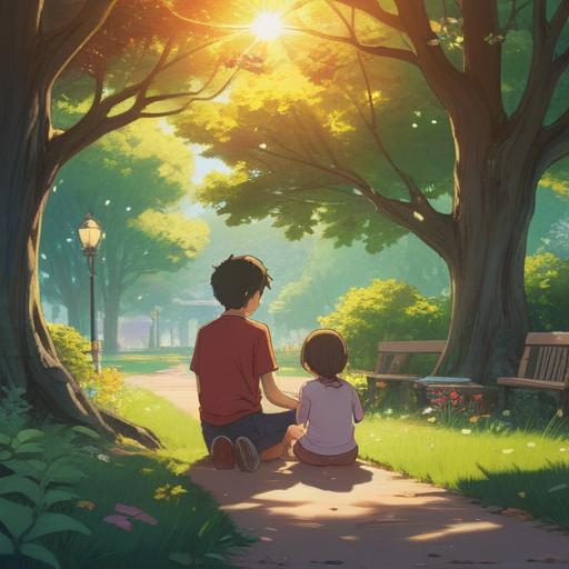 A serene illustration depicting a parent gently watching over a child as they play in a sunlit park, capturing the essence of emotional support and growth, the parent with a loving expression, the child exploring nature joyfully, vibrant greenery surrounding them, warm sunlight filtering through tree branches, conveying a sense of protection and love, 4k