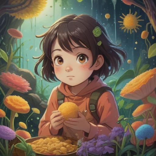 A whimsical and imaginative illustration, depicting a child surrounded by colorful allergens like pollen, dust, and certain foods, ethereal aura representing spiritual significance, vibrant energy symbols floating around, a serene nature background, warm sunlight filtering through trees, soft focus on the child's expression of wonder and curiosity, 4k
