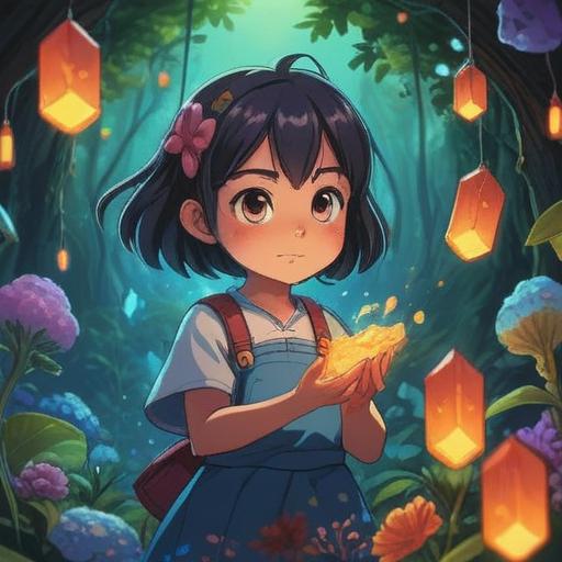 A mystical and serene illustration, vibrant colors, spiritual essence, healing crystals surrounding a child, soft glowing light, symbolizing allergy relief, nature setting with lush greenery, peaceful atmosphere, intricate details on the items, calming character expression, 4k