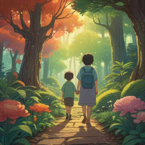 A serene and peaceful scene depicting a parent guiding a child in a garden, soft sunlight filtering through the trees, symbols of Buddhism subtly integrated, such as lotus flowers and gentle Buddha statues, a sense of harmony and mindfulness in their interaction, illustrating the spiritual journey of parenting, calm atmosphere, rich colors, detailed natural surroundings, 4k