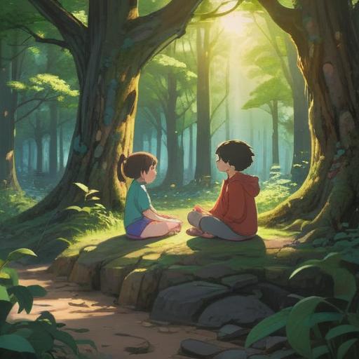 A serene scene of a parent and child practicing mindfulness together, surrounded by nature, soft sunlight filtering through trees, the child is meditating with a calm expression, gentle reminder of Buddhist teachings, symbols of luck around them, such as four-leaf clovers and lucky bamboo, harmonious atmosphere, soothing colors, rich detail in their expressions and surroundings, 4k