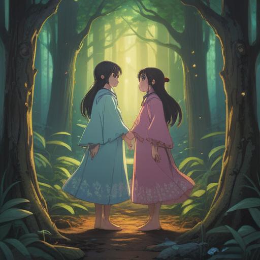 A symbolic illustration of a sisterly relationship evolving, two sisters standing apart in a serene forest, soft ethereal glow surrounding them, harmonious colors reflecting tranquility, spiritual elements like butterflies and glowing orbs, detailed nature background, conveying growth and understanding, calm and uplifting atmosphere, 4k