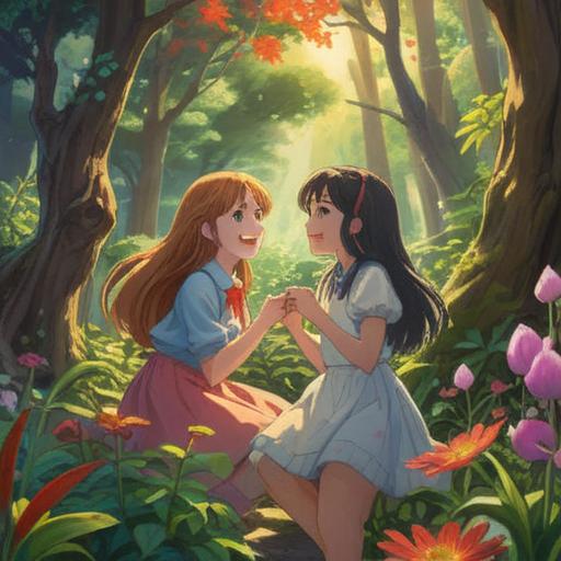 A warm and heartfelt scene depicting two sisters sharing a laugh together, playful interaction, colorful garden setting, sunlight filtering through trees, expressions of joy and affection, symbols of luck like four-leaf clovers around them, friendly atmosphere, detailed background with flowers and butterflies, 4k