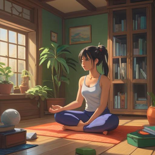 A serene illustration of a person practicing yoga in a peaceful home environment, emphasis on stretching exercises for shoulder relief, bright sunlight streaming through the window, indoor plants for a calming atmosphere, gentle colors and soft textures, a focus on mindful living and wellness, daily routine elements like a journal and healthy snacks, promoting self-care and lifestyle changes, 4k