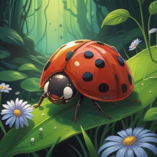 A serene illustration of a four-star ladybug, symbolizing good luck and spiritual harmony, vibrant colors, intricate patterns on the ladybug’s shell, peaceful natural surroundings, sunlight filtering through leaves, gentle breezes, ethereal atmosphere, harmony with nature, 4k