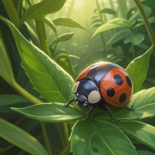 A four-star ladybug perched on a vibrant green leaf, radiating a warm, ethereal glow, surrounded by soft sunlight filtering through the trees, symbolizing positive energy and spiritual guidance, intricate details of the ladybug's unique patterns, serene garden setting, uplifting ambiance, harmonious nature elements, 4k