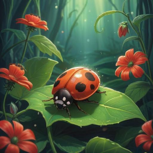 A vibrant and mystical illustration of a four-star ladybug resting on a leaf, surrounded by ethereal light, symbolizing spiritual guidance, detailed close-up of the ladybug with its unique patterns, serene forest background, gentle rays of sunlight filtering through the trees, tranquil and inviting atmosphere, capturing the essence of spiritual signs, 4k