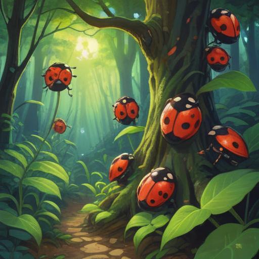 A whimsical illustration of a four-star ladybug, vibrant colors, magical forest setting, lucky charm aura, sunbeams filtering through leaves, enchanting flowers blooming, joyful character interacting with the ladybug, 4k