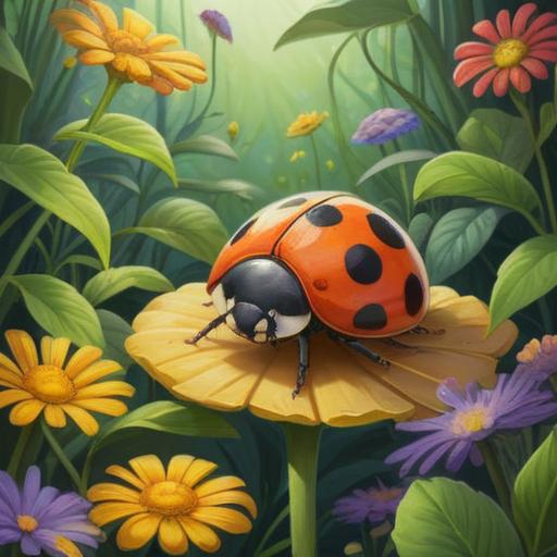 A charming illustration of a ladybug with four distinctive golden spots, surrounded by a serene garden scene, vibrant flowers and lush greenery, sunlight filtering through the leaves, a feeling of tranquility and good luck, engaging and lively character of the ladybug, vivid colors, whimsical atmosphere, 4k