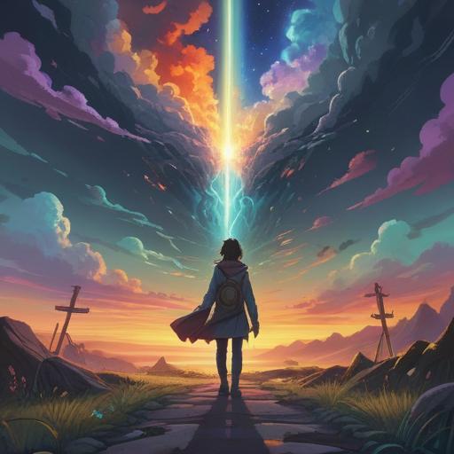 A serene landscape illustrating the spiritual meaning of fulfilling one's mission, a person standing at the crossroads with a determined expression, ethereal light illuminating the path ahead, symbolic elements like a glowing compass and blooming flowers, vibrant colors, harmonious atmosphere, reflective water nearby, peaceful sky, 4k