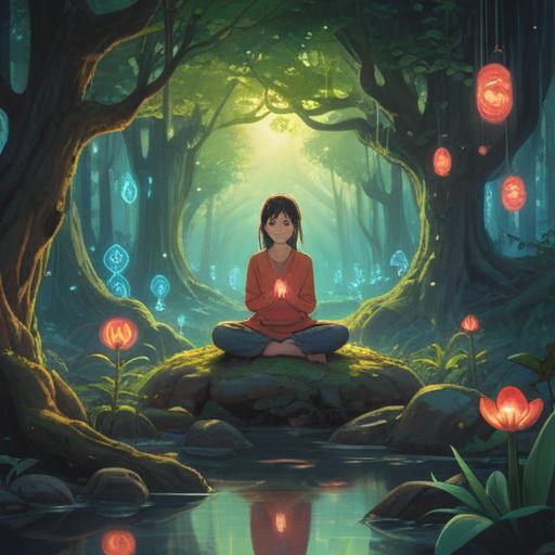 A serene spiritual scene, a person meditating in nature, surrounded by glowing symbols and signs, soft light filtering through trees, ethereal atmosphere, vibrant colors, connection to the universe, guided by intuition, harmonious energy, 4k