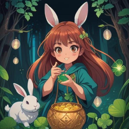 A vibrant illustration of a character holding a lucky charm, depicting various lucky items such as a four-leaf clover, a rabbit's foot, and a horseshoe, set against a backdrop of a bright, hopeful landscape, conveying a sense of determination and purpose, infused with a magical aura, rich colors, and intricate details, 4k