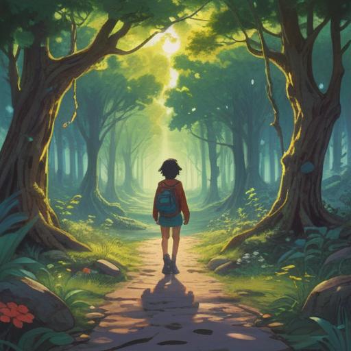 A serene landscape depicting a person standing at a crossroads, gentle sunlight filtering through the trees, symbolic signs pointing in different directions, a sense of contemplation and decision-making, vibrant colors, harmonious nature, inspiring atmosphere, 4k