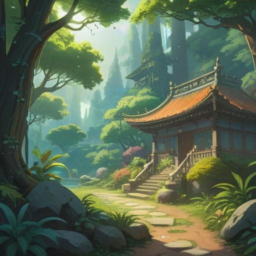 A serene scene depicting a lucky stone glowing gently, nestled among soothing natural surroundings, vibrant greenery, soft sunlight filtering through leaves, a person sitting cross-legged nearby, meditative expression, calming atmosphere, hints of emotion softening, 4k