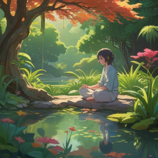 A serene landscape of a peaceful garden, gentle sunlight filtering through leaves, a person meditating by a tranquil pond, soft ripples on the water's surface, colorful flowers blooming around, soothing colors, harmony with nature, calming atmosphere, mindfulness practices, inner peace, 4k