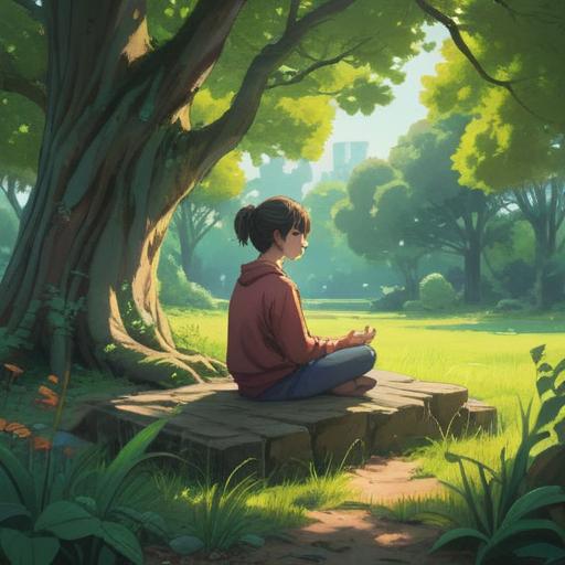A serene and calming landscape, a person meditating under a large tree, soft sunlight filtering through the leaves, a sense of tranquility and peace, symbolic elements like lotus flowers and gentle streams, spiritual connection to nature, soothing colors, 4k