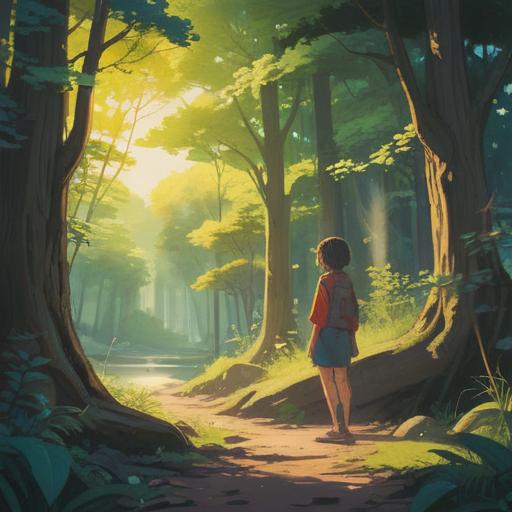 A serene and tranquil illustration of a person reflecting in a peaceful outdoor setting, surrounded by nature, soft sunlight filtering through the trees, a sense of calm and rejuvenation, spiritual symbols subtly incorporated in the environment, deep connection between work fatigue and spiritual awakening, harmonious blend of relaxation and introspection, 4k