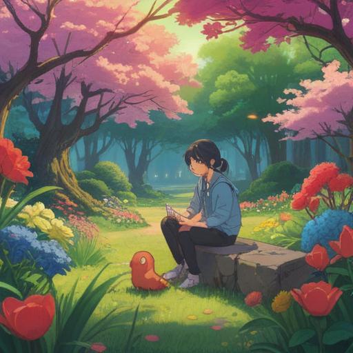 A serene scene of a person taking a break in a peaceful park, surrounded by blooming flowers and trees, holding a lucky charm in their hand, sitting on a bench, a gentle breeze blowing, sunlight filtering through the leaves, feeling relaxed and rejuvenated, clear blue sky, vibrant colors, uplifting atmosphere, 4k