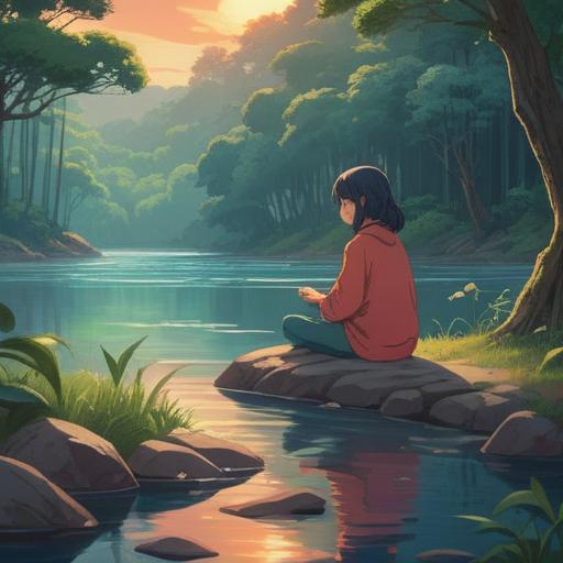 A serene scene depicting a peaceful moment for resetting the mind and body, tranquil environment, person meditating by a calming river, gentle sunlight filtering through trees, lush greenery all around, sense of balance and harmony, soothing atmosphere, inspirational and rejuvenating vibes, 4k