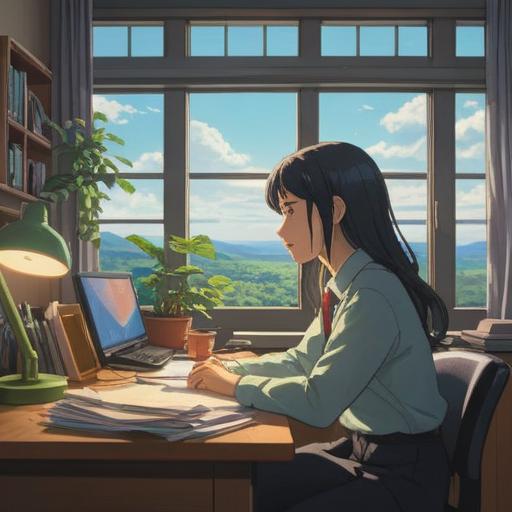 A serene and tranquil office scene, an employee sitting at their desk with a peaceful expression, soft sunlight filtering through the window, dreamlike atmosphere, gentle reminders of spiritual symbols around, subtle hints of nature like plants, a clock showing a calm time, an inspirational quote subtly integrated in the background, balancing productivity and rest, 4k