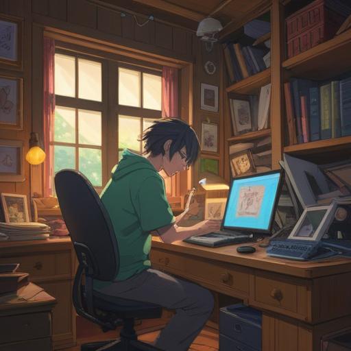 A serene and contemplative scene, a person sitting at a desk with a laptop, drowsy eyes and a slight yawn, surrounded by ethereal light orbs representing spiritual signs, subtle hints of ancient symbols in the background, a coffee cup half-empty, illustrating the struggle between productivity and fatigue, soft natural lighting, calm atmosphere, 4k